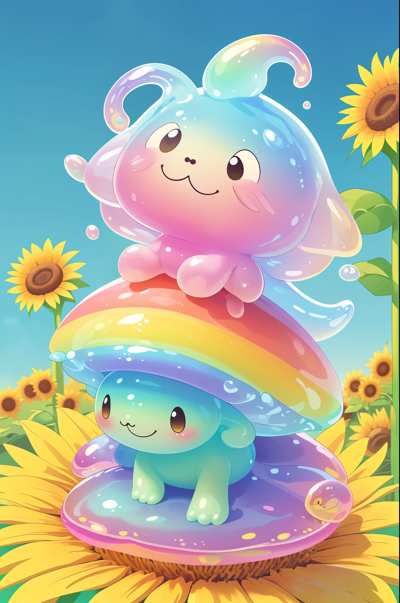 Cute cartoon style claymation of an adorable pastel rainbow colored jelly slime character waving, sitting on a giant sunflower, vibrant colors, smooth textures, dynamic pose, perfect illustration