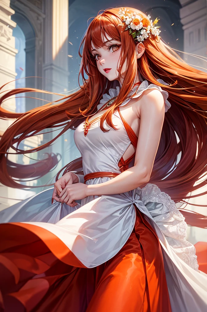 a 25-year-old young woman, with slanted eyes and a thin face, with Orange long hair, fair skin and brown eyes, wearing red lipstick and a white flowery dress.