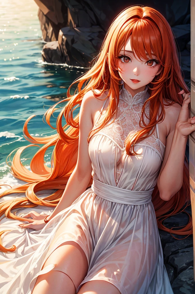 a 25-year-old young woman, with slanted eyes and a thin face, with Orange long hair, fair skin and brown eyes, wearing red lipstick and a white flowery dress.