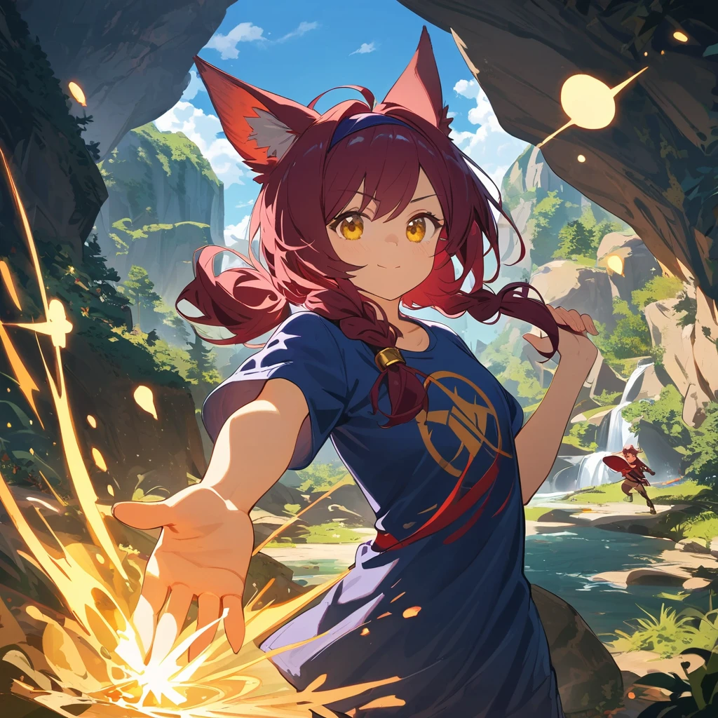 Xayah,t-shirt, animal ears, yellow eyes, tunic, stunning, hair over shoulder, hoodless, beautiful, 4k, high_definition, detailed, teen, small, explorer, adventurous, magic, cowboy_pose