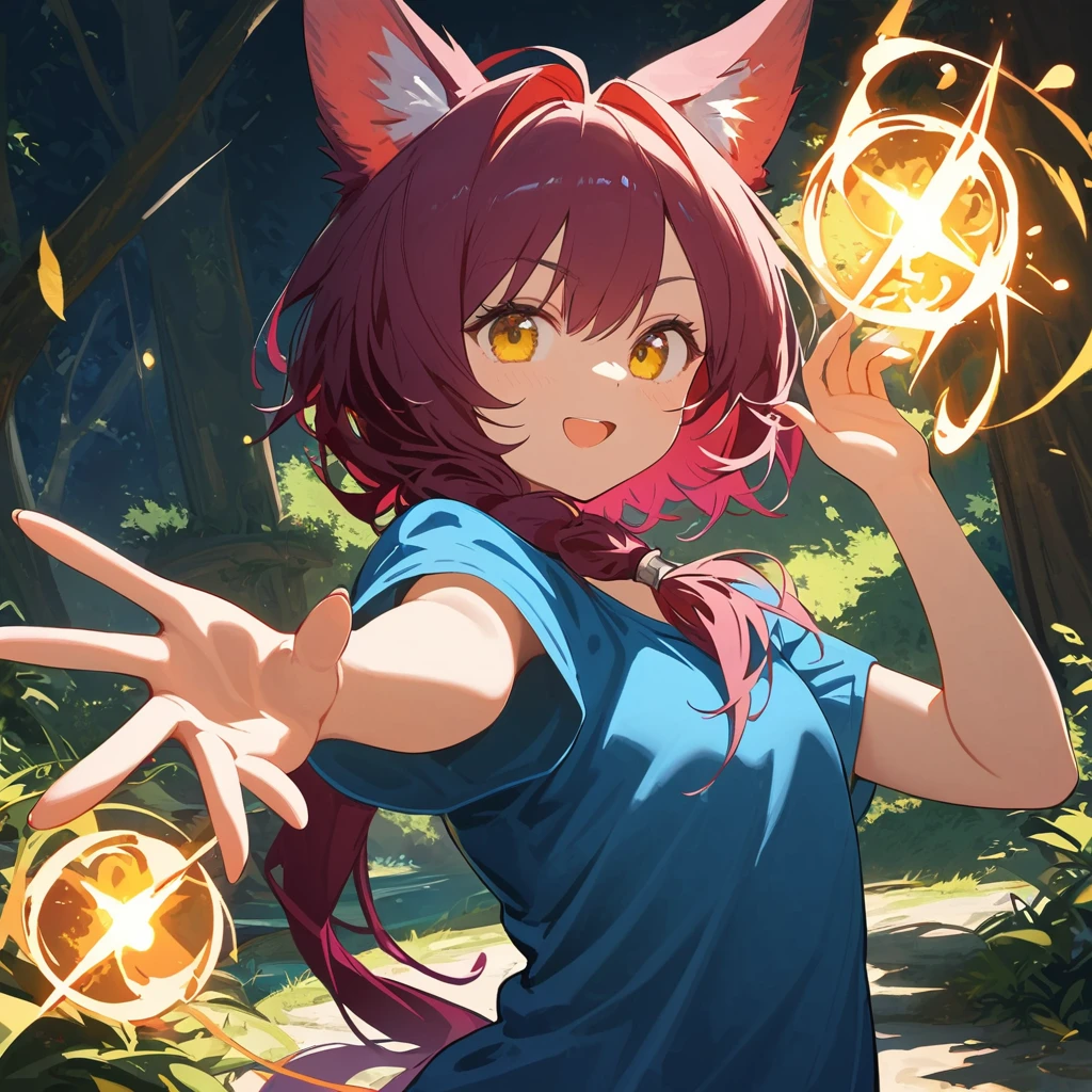 Xayah,t-shirt, animal ears, yellow eyes, tunic, stunning, hair over shoulder, hoodless, beautiful, 4k, high_definition, detailed, teen, small, explorer, adventurous, magic, cowboy_pose