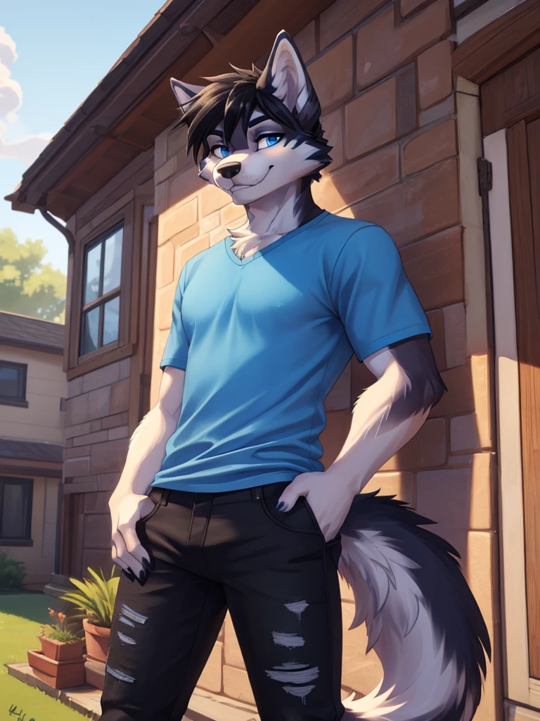 Sexy Posing, male, 30 years old, cute, eyeliner, short black hair, biting lip smile, blue shirt, bedroom eyes, anthro, dog ears, husky dog, front yard background, 8k, hi res, (best quality, masterpiece), blue eyes, standing, husky tail, black jeans, seductive.