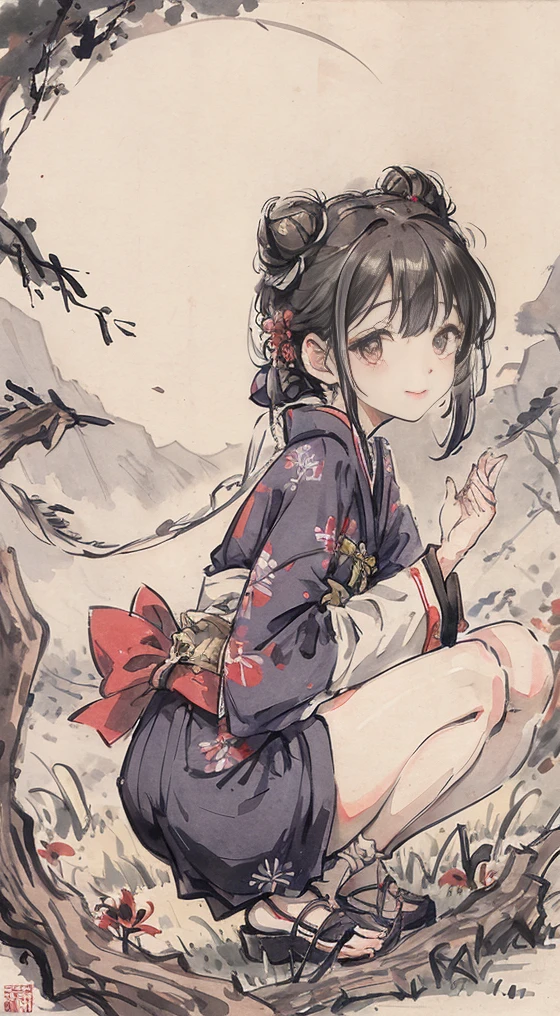 a girl, happy, smiling, squatting, looking at viewer, looking to the left, hair bun, black hair, black eyes, big eyes, navy blue kimono, In a field of Red spider lilies flower garden, with a full moon, at night, cute, beautiful, fantasy, chill atmosphere, vibrant academia, closeup shot, on left, side view, birds-eye view, best quality, masterpiece, detailed, high quality, ultra detailed, hyper detailed, insanely detailed, exquisite, beautiful, Full-HD, 16K, highres, absurdres, moonlight, directional light, soft lighting, in focus with blurred background,