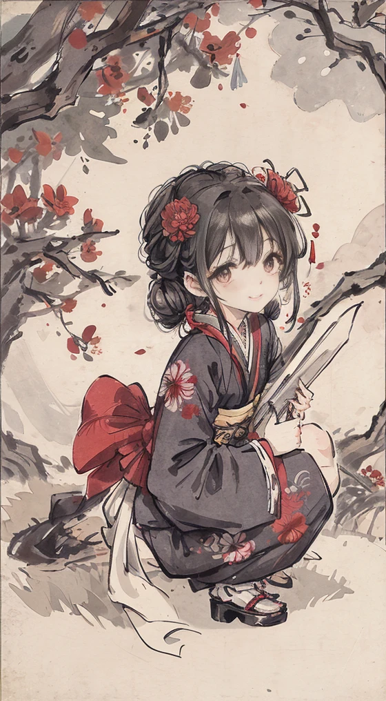 a girl, happy, smiling, squatting, looking at viewer, looking to the left, hair bun, black hair, black eyes, big eyes, navy blue kimono, In a field of Red spider lilies flower garden, with a full moon, at night, cute, beautiful, fantasy, chill atmosphere, vibrant academia, closeup shot, on left, side view, birds-eye view, best quality, masterpiece, detailed, high quality, ultra detailed, hyper detailed, insanely detailed, exquisite, beautiful, Full-HD, 16K, highres, absurdres, moonlight, directional light, soft lighting, in focus with blurred background, 