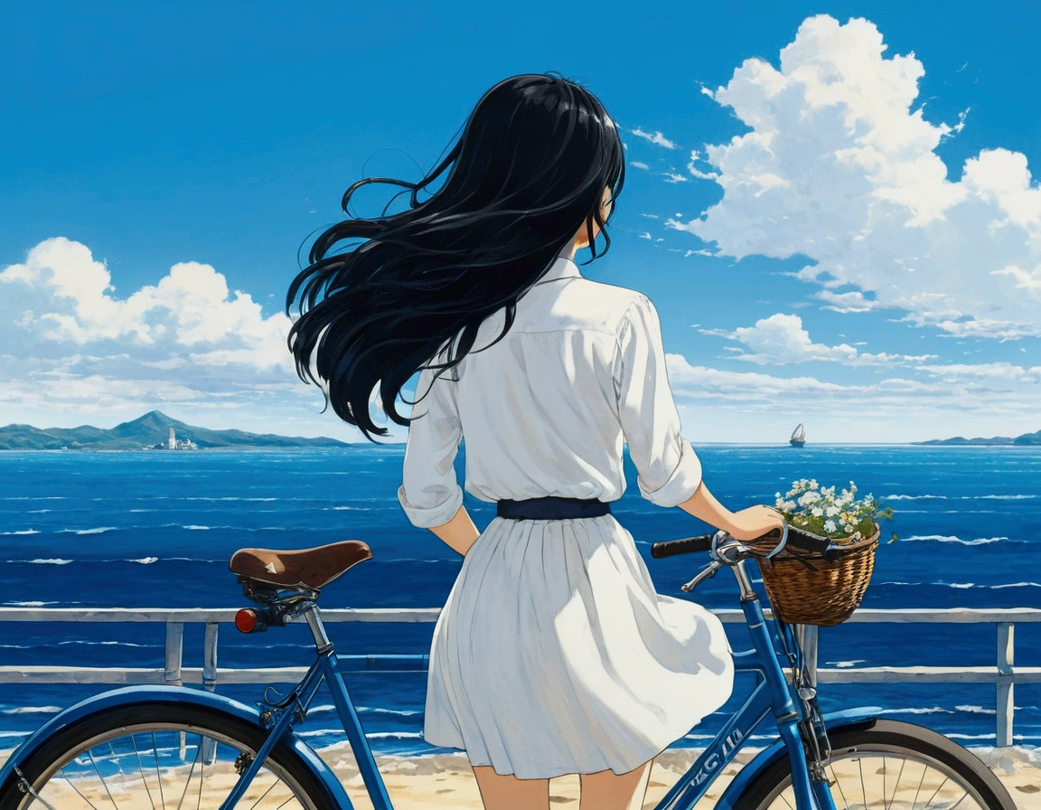 青いbicycleの横に座ってLooking out to sea女性　bicycle　青いbicycle　Back view　a woman in a white shirt　Woman with flowing black hair　Looking out to sea　blue sea　sunny　blue sky　Summer in Japan　August　Ghibli-style illustrations　Highest quality　Highest quality
