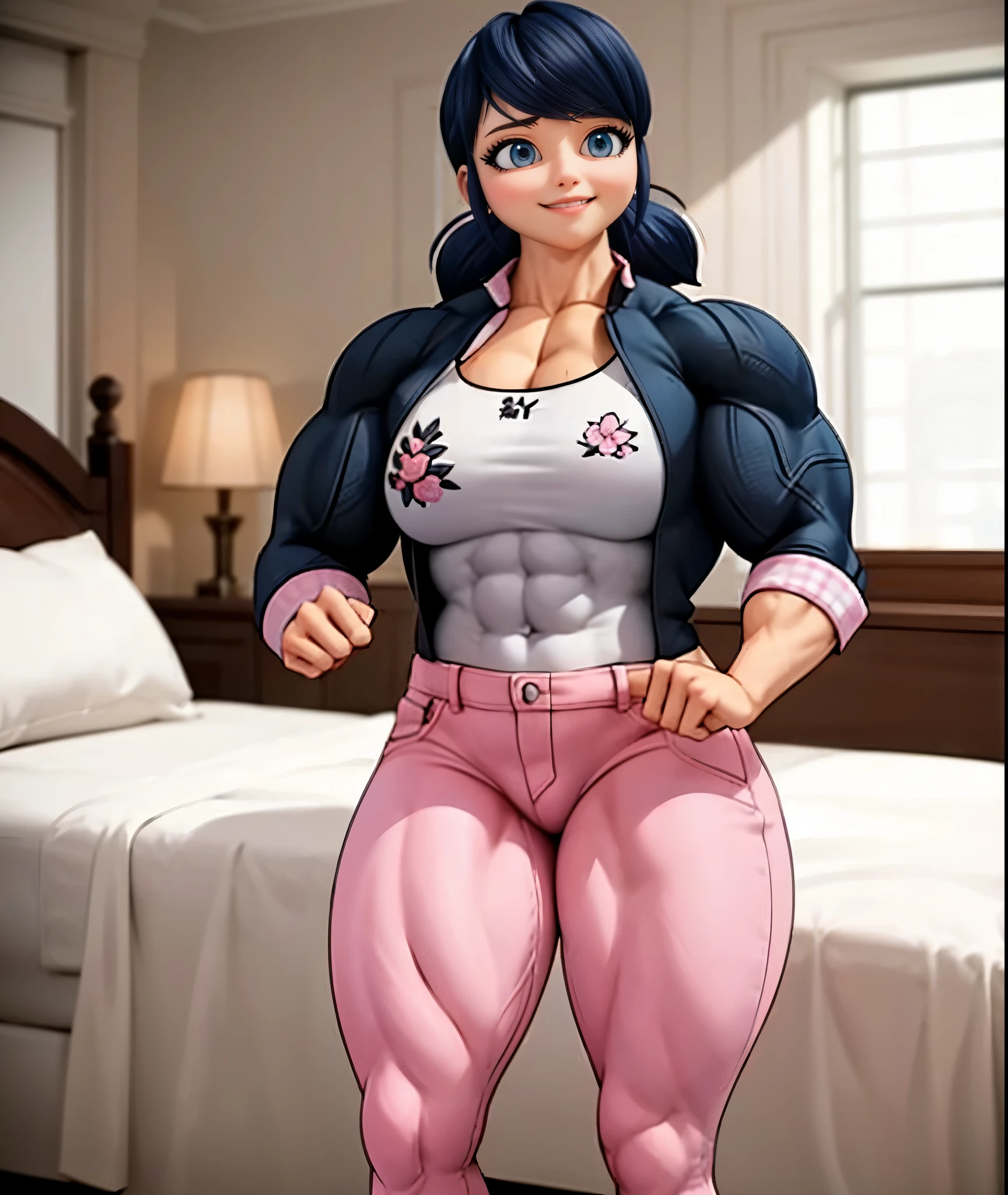 (big muscular female bodybuilder, beautiful detailed eyes, beautiful detailed lips:1.1,strong physique, two short pigtails, (smile), ( Marinette wears a white printed shirt ), black jacket, ((( dark pink jean's , plane jean's, without pattern))), and ballet flats.), lifting weight, muscular arms and legs:1.2, toned abs, powerful expression,sweating:1.1, bed background:0.9, intense focus:1.1, vibrant colors, dramatic lighting), rippling muscles,sturdy frame,dark tan,fit around the waist,(tight abs),strong arms and shoulders,intense expression,determined look,well-defined muscles and veins,straining muscles,artistic pose,steely gaze,side lighting,powerful presence,vivid colors,dynamic composition,studio lighting,physically-based rendering,athletic build,bodybuilding silhouette,professional,gritty texture,bokeh.