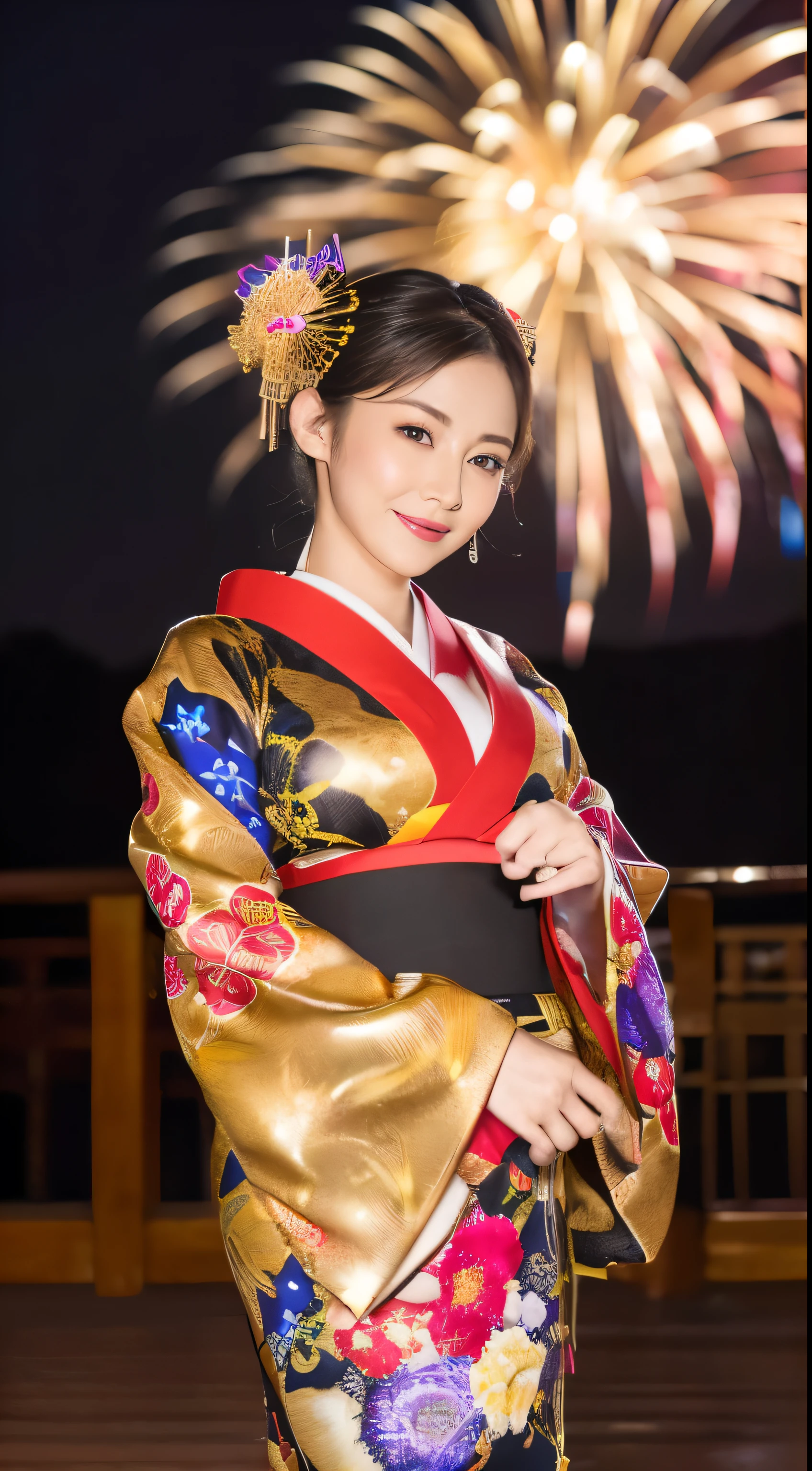 ((masterpiece(:1.4),Highest quality,Ultra-high resolution,Highest quality,8k,Extremely detailed,In detail))。whole body,night,Fireworks display,Japanese,A beautiful woman,Big Breasts,oiran,oiranメイク,Long-sleeved kimono,Hair tying,hairpin,hair ornaments,can,Gorgeous and luxurious,(A snapshot of a riverbank with fireworks in the background at night in Fireworks display),Hyper Quality