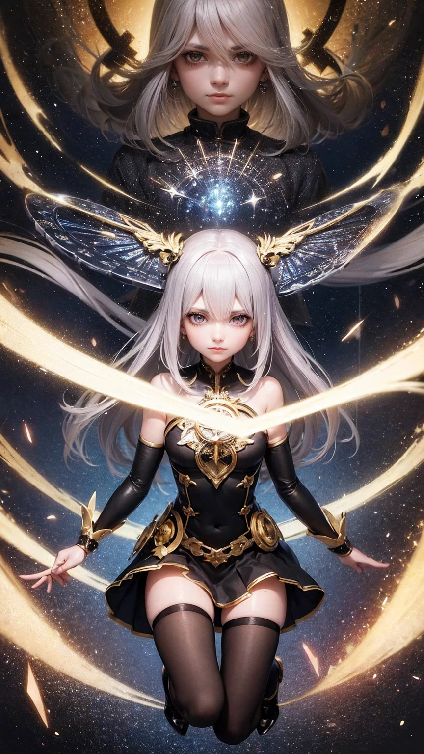 Portraiture, Long Hair, Gray Hair, Golden Eyes, One girl, head, face, Magical girl, Absurd, masterpiece, Highest quality, Magical girl costume, ((Magical girl)), short hair, Devastation, Remains, Dynamic pose, Apocalypse, Spell casting, Style-Glass, Full Body Shot