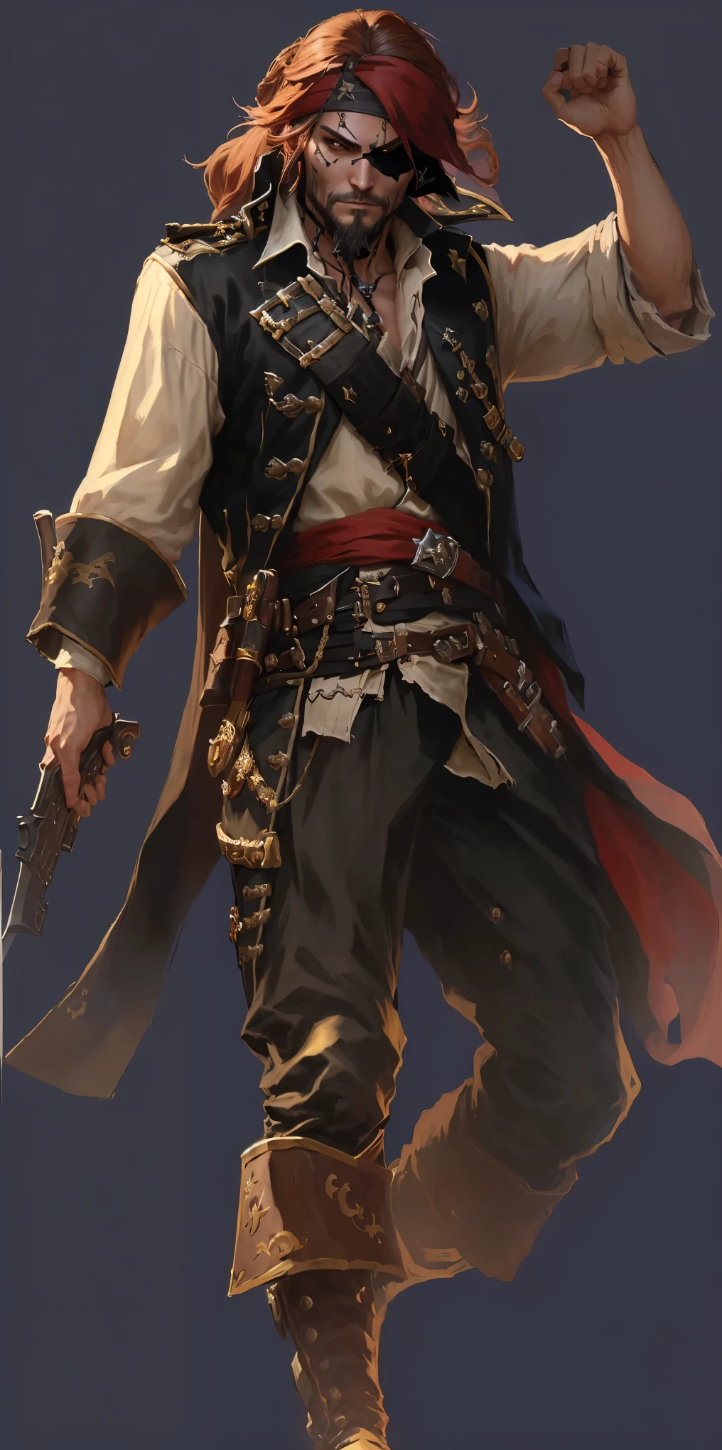 pirate with a sword and a gun in his hand, swashbuckler class pirate, a pirate, pirate, pirate portrait, author:Yang J, captain, Sea of Thieves style, portrait of a young , Bald male knight, Detailed character art, Role Playing Game Character Art, Carl Eugene Kiel (Carl Eugen Keel) of inspiration, author:Yang Borun