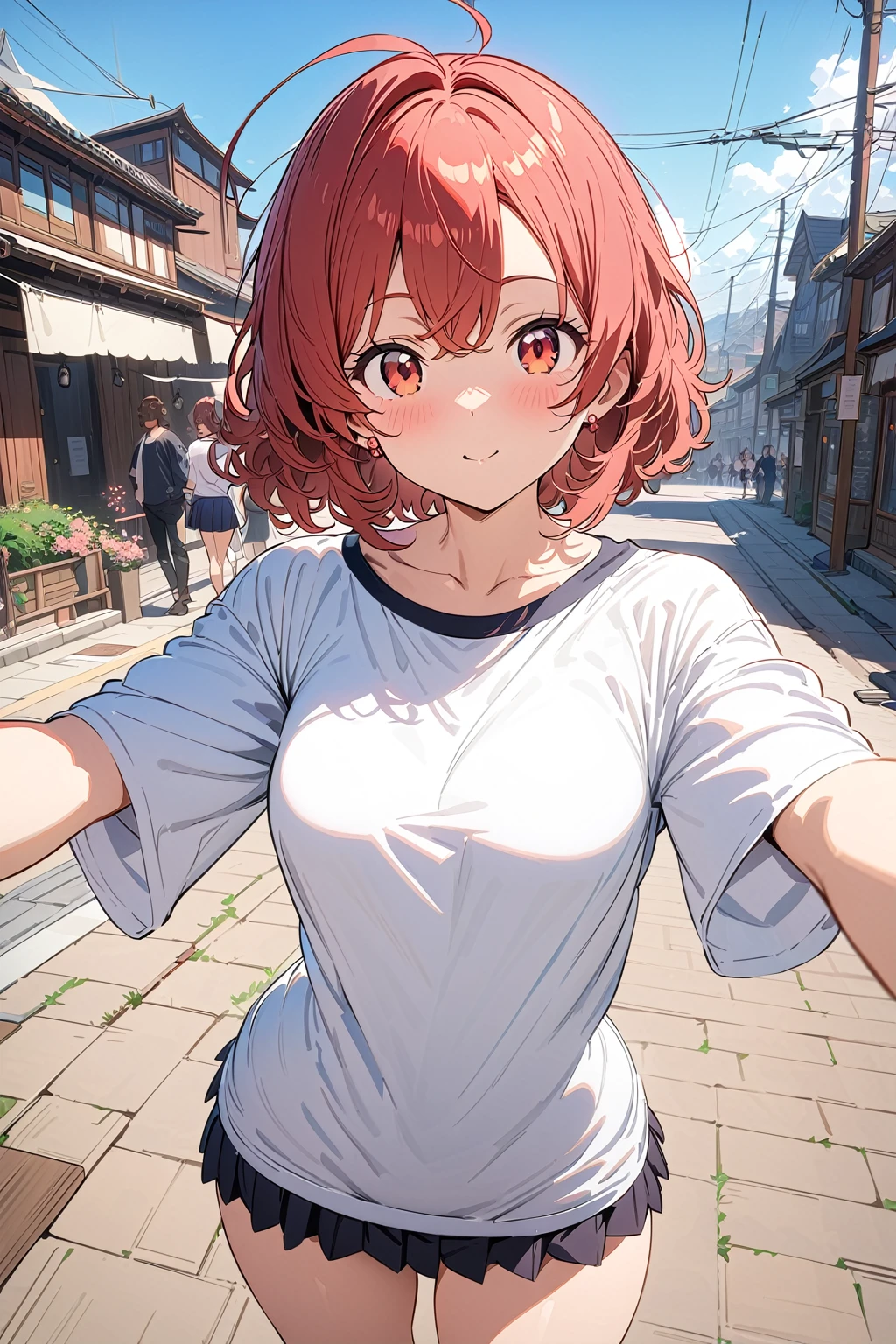 (masterpiece, best quality:1.5), (ultra detailed, high resolution, 8k, beautiful detailed, UHD, best anatomy), red hair, medium breasts, 1 hunk girl, (KyoAni Style Character:2), Oversized T-shirts, short skirt, clear weather, Date with her