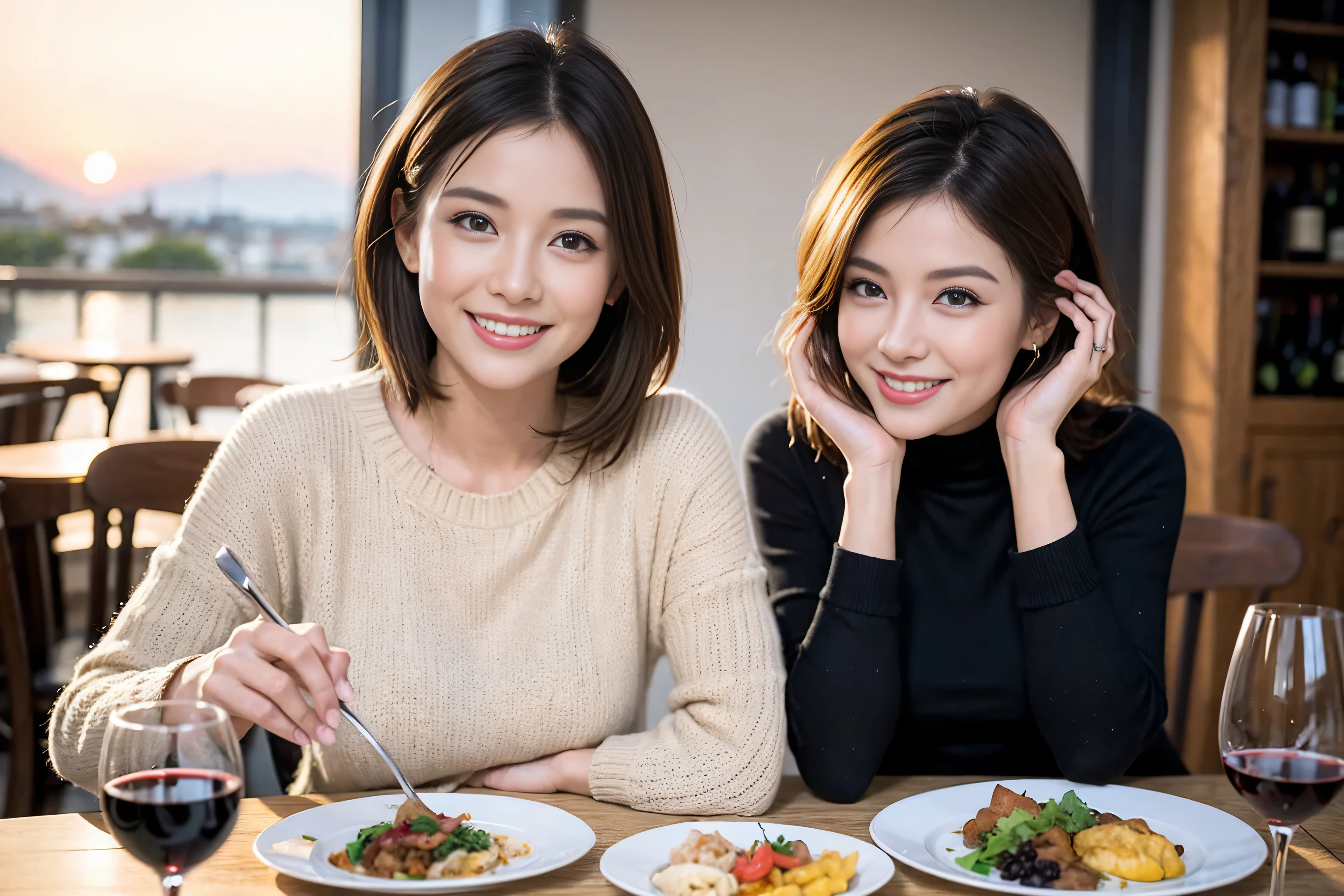 (Realistic:1.1),(masterpiece,Highest quality),8k,(49 years old), 50 years old, slimカップル、Tight waist,Upper Body,full-course dinner、wine 、Amazing view of the sunset sky and clouds、Perfect Anatomy, Brown Hair, short hair,Random Hairstyles,((Highly detailed face and eyes:1.2)),Perfect golden ratio face,Long sleeve shirt、dress,(smile:1.2)、Shortcuts、cute、(Realistic, Intricate details:1.2), A bright smile、short hair,Bright Face、赤wine 、Appetizers、Italian food、wine bottle、Champagne、スパークリングwine、(slimな顔), (The body is slim), (Brown Hair), (Shortcuts), Upper Body, 白wine, slim, wineグラス,