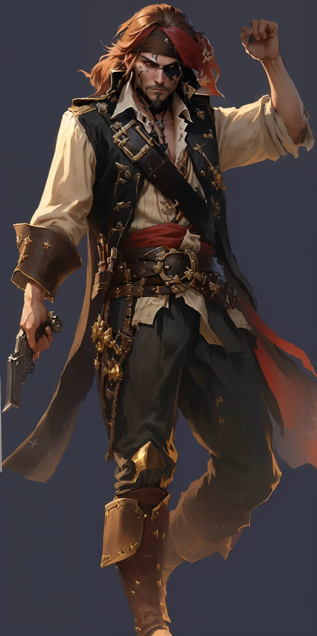 pirate with a sword and a gun in his hand, swashbuckler class pirate, a pirate, pirate, pirate portrait, author:Yang J, captain, Sea of Thieves style, portrait of a young , Bald male knight, Detailed character art, Role Playing Game Character Art, Carl Eugene Kiel (Carl Eugen Keel) of inspiration, author:Yang Borun