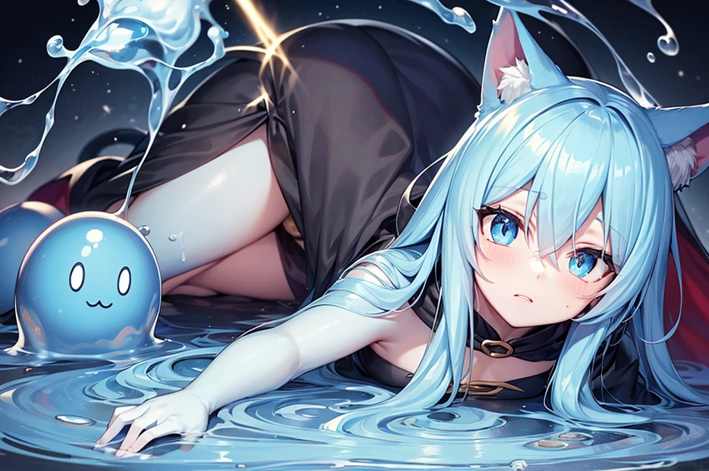 Blue Hair,Blue Skin,Black Cape,Cat ear,Liquid on the character,Slime,Anime Face