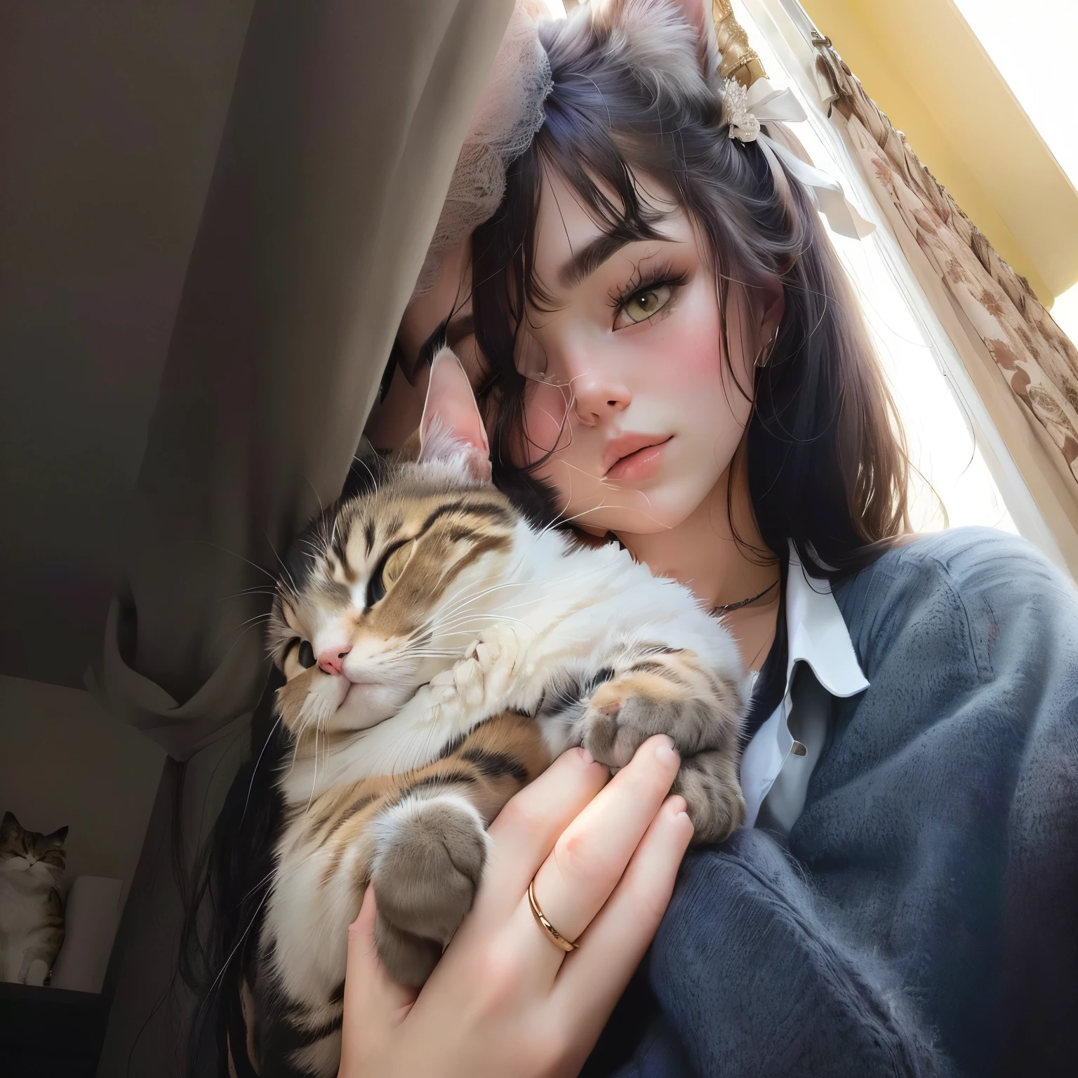 there is a women holding a cat in her arms, big cheeks holding his cat, she is holding a cat in her arms, holding a cat, with a small cat on his lap, women / cat hybrid, women and cat, Anastasia Ovchinnikova, by Emma Andijewska, anna nikonova, Alina Ivánchenko, there is a cat next to him