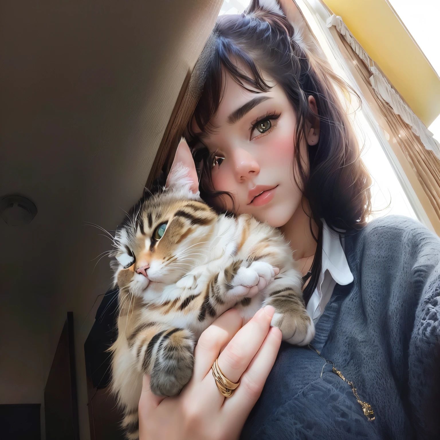 there is a women holding a cat in her arms, big cheeks holding his cat, she is holding a cat in her arms, holding a cat, with a small cat on his lap, women / cat hybrid, women and cat, Anastasia Ovchinnikova, by Emma Andijewska, anna nikonova, Alina Ivánchenko, there is a cat next to him