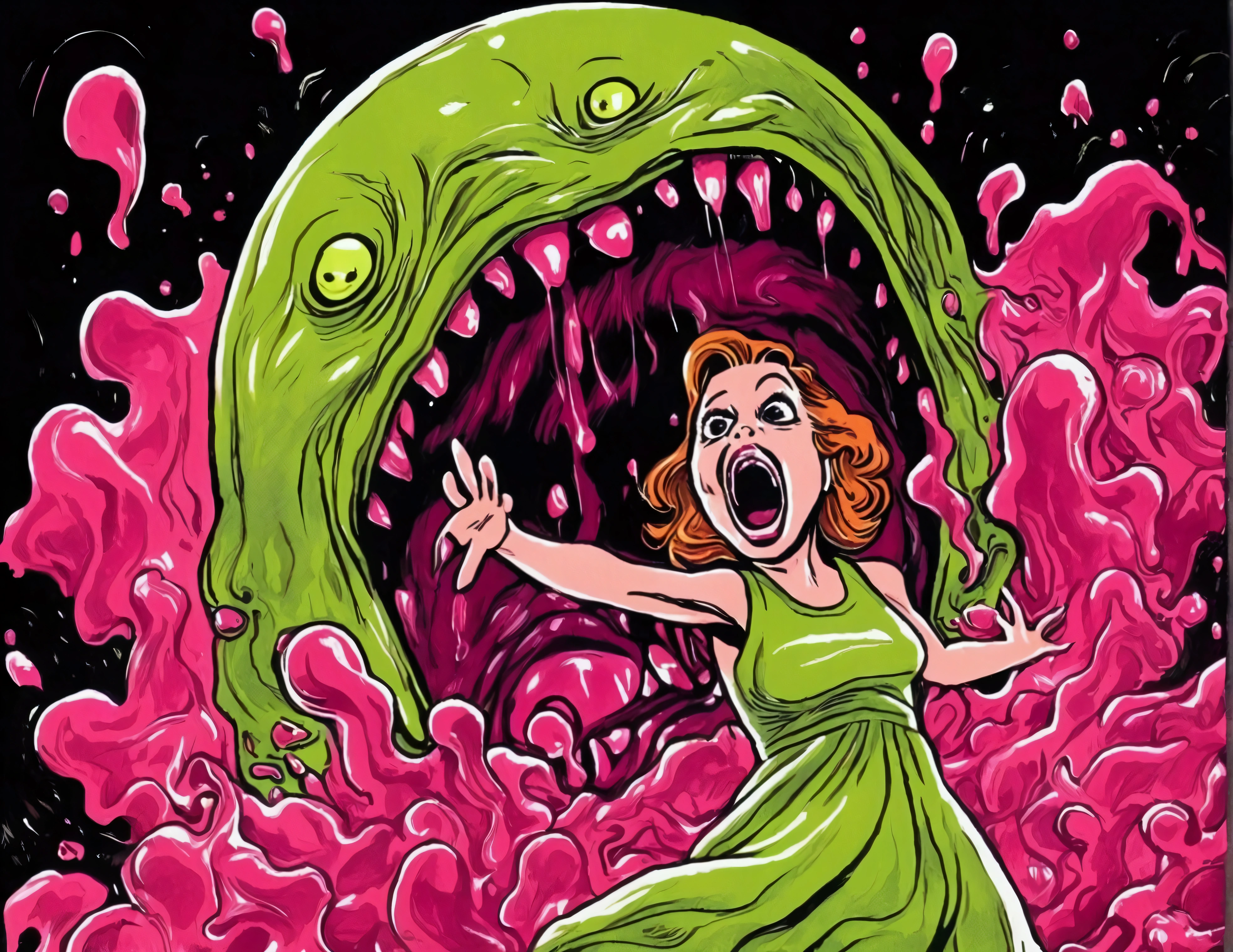 A cute woman, 50s clothing, has been caught by horror movie monster the Blob, she is encased in translucent slime that is dissolving her, mouth open to scream, body half dissolved