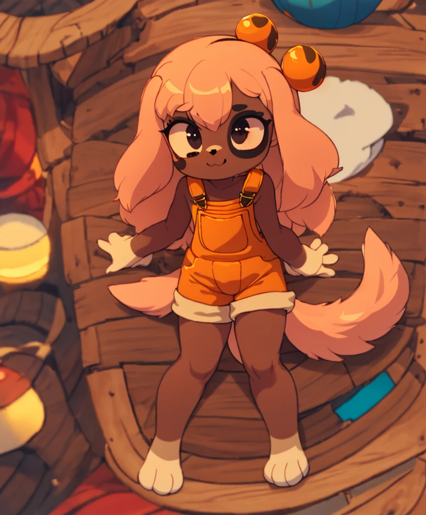 From above, lilotte , 1 puppy girl l , orange overalls  ,brown skin,  ,Ornament , pink hair , furry , , tail ,mole, mole on the eye , Straight hair , shorts