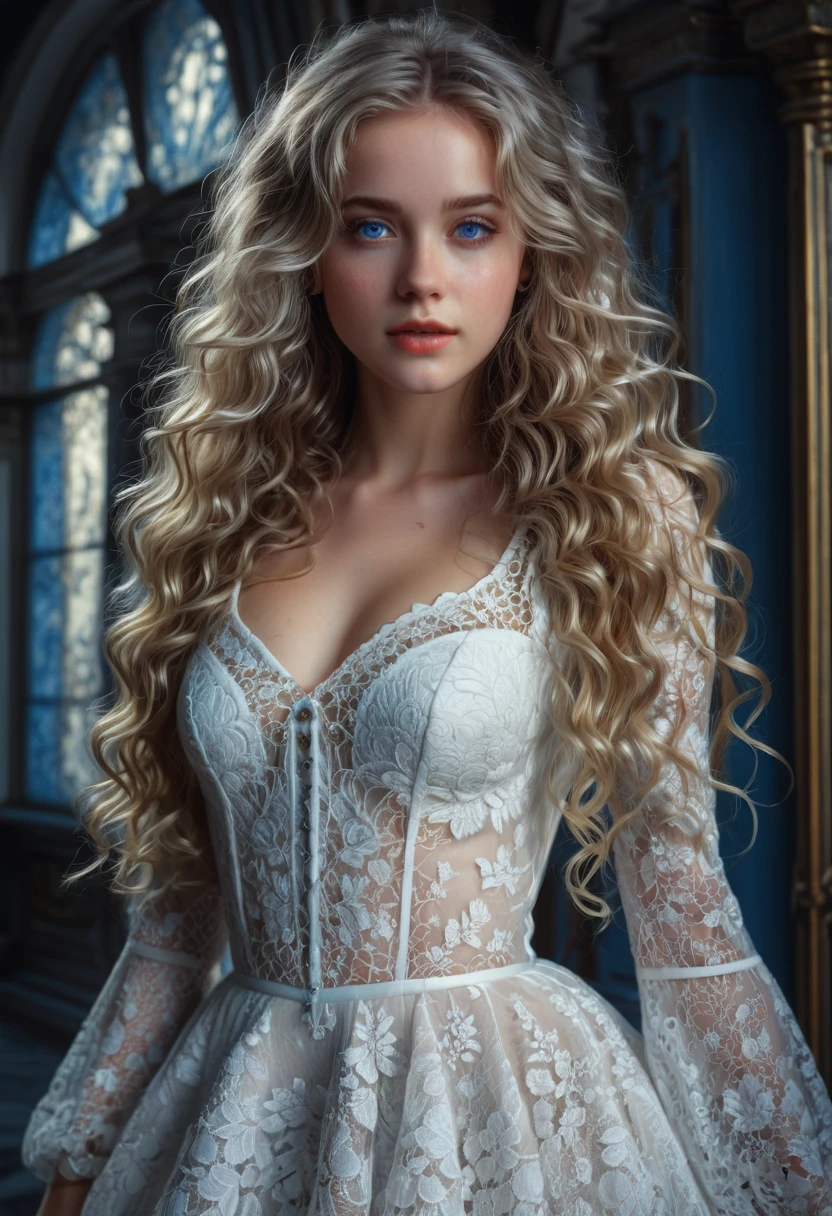 White Lace, Gorgeous highly detailed young lady with intricate white lace dress, beautiful long wavy hair, intricately detailed blues eyes, Seductive, Attractive, Elegant, Lumen Global Illumination, Scenic, Hyper-Realistic, Hyper-Detailed, 8k, Fliegenpilz,Artgerm, Wlop, by Greg Rutkowski