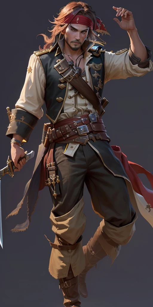 pirate with a sword and a gun in his hand, swashbuckler class pirate, a pirate, pirate, pirate portrait, author:Yang J, captain, Sea of Thieves style, portrait of a young , Bald male knight, Detailed character art, Role Playing Game Character Art, Carl Eugene Kiel (Carl Eugen Keel) of inspiration, author:Yang Borun