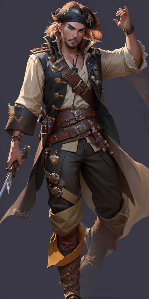 pirate with a sword and a gun in his hand, swashbuckler class pirate, a pirate, pirate, pirate portrait, author：Yang J,  captain, Sea of Thieves style, portrait of a young , Bald male knight, Detailed character art, Role Playing Game Character Art, Carl Eugene Kiel (Carl Eugen Keel) of inspiration, author：Yang Borun