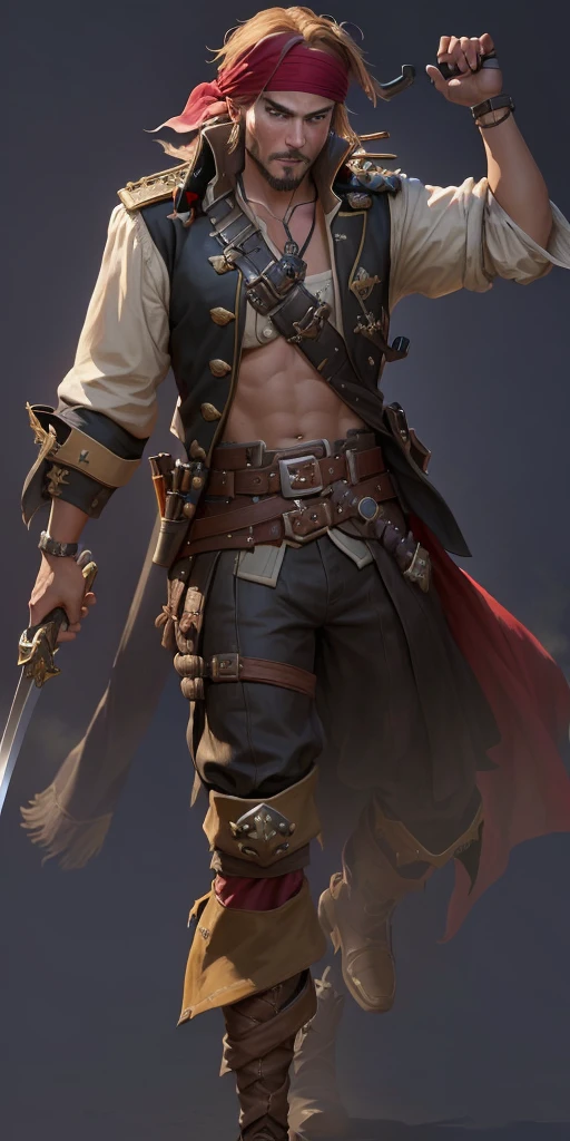 pirate with a sword and a gun in his hand, swashbuckler class pirate, a pirate, pirate, pirate portrait, author:Yang J, captain, Sea of Thieves style, portrait of a young , Bald male knight, Detailed character art, Role Playing Game Character Art, Carl Eugene Kiel (Carl Eugen Keel) of inspiration, author:Yang Borun