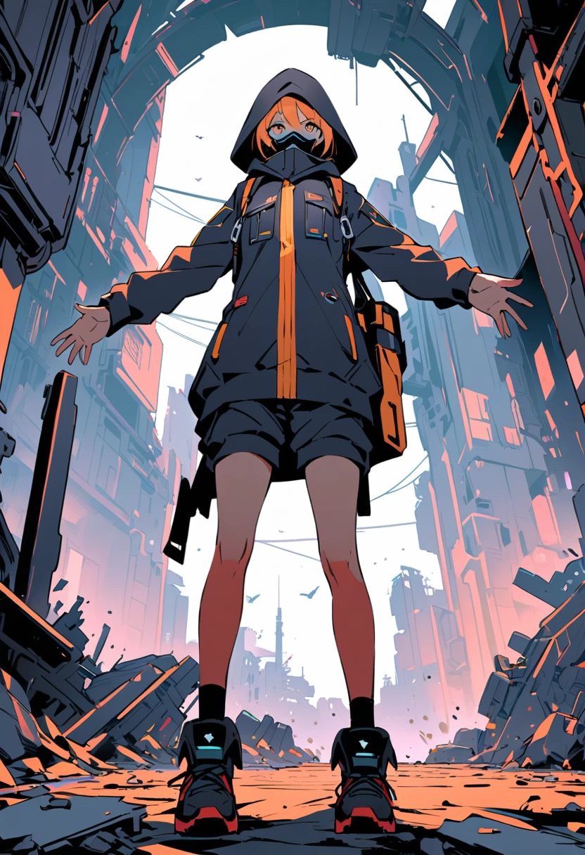 (masterpiece, best quality:1.1), (ultra highres, ultra-detailed:1.2),flatcolor,Mad scientist wearing a black beak-mask,black hood, mecha arm,yellow round-glasses,short hight,BREAK raising both hands,in mechanical ruins,absurdity, extraordinary,