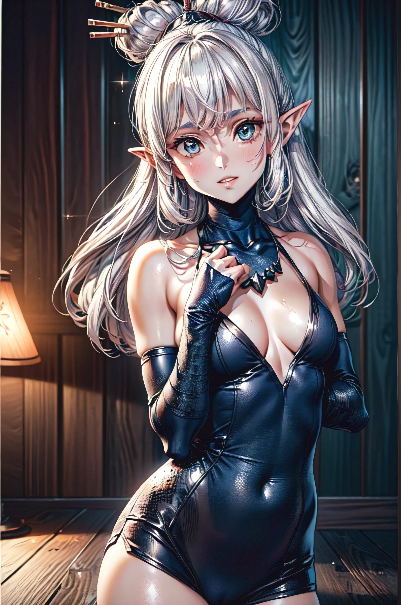(masterpiece:1.1), (best quality:1.1), 1girl, Real light and shadow, anime face, 4k, 8k, wallpaper,epic, detail texture, Paya, elf ears, pointy ears, White hair, (blue eyes:1.5), ((((white hair:1.35, long hair)))),intricate eyes,beautiful detailed eyes, (symmetrical eyes,big eyes:1.5,(((lustrous skin:1.5,bright skin: 1.5,skin tanned,shiny skin,very shiny skin,shiny body,plastic glitter skin,exaggerated shiny skin,illuminated skin))),(detailed body,(detailed face)), cute, erotic,daring, jersey, number zero, basketball uniform, blue shorts, orange trim, shirt tucked in, from behind, tired, parted lips, looking at viewer, room, wooden wall, wooden floor, (Beautiful, small Breasts:1.2), natural breasts, best quality, masterpiece, very aesthetic, dress, jewelry, flower, wedding dress, veil, necklace, elbow gloves, smile, looking at viewer, (dynamic pose:1.0),happy,smile,(centered,scale to fit dimensions,Rule of thirds), highres,sharp focus,(ultra detailed,extremely detailed),(photorealistic artwork:1.37),(extremely detailed CG unity 8k wallpaper),(((vibrant colors,vibrant theme))),(intricate),(masterpiece),(best quality),