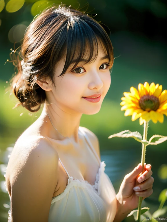 (masterpiece, best quality), outstanding details, ultra-high resolution, 
anatomically correct, wide shot, atmospheric perspective,

A beautiful woman walking along a stream in the forest, A lovely Japanese woman, 28 years old, 

cowboy shot,  (holding a sunflower, reaching out), 

(chubby), 

Happy smile, Mouth slightly open, looking at viewer,

round face, tareme, Downturned Eyes, pupils sparkling, small cute nose, thin lips, thin eyebrows, 

brown hair, low ponytail, short hair, swept bangs,

(wearing A white elegant slip dress made of a transparent smooth material), 

depth of field, morning sunlight, backlighting, Reflected light from below, cinematic lighting, reflection light, dreamy atmosphere,  animated expression, 