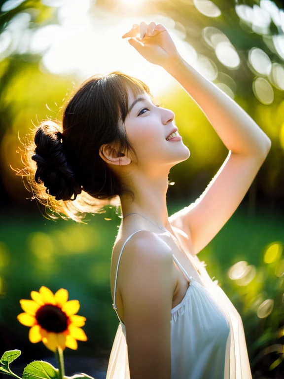 (masterpiece, best quality), outstanding details, ultra-high resolution,
anatomically correct, wide shot, atmospheric perspective,
A beautiful woman walking along a stream in the forest, A lovely Japanese woman, 28 years old,
cowboy shot, (holding a sunflower, reaching out),
(chubby),
Happy smile, Mouth slightly open, looking at viewer,
round face, tareme, Downturned Eyes, pupils sparkling, small cute nose, thin lips, thin eyebrows,
brown hair, low ponytail, short hair, swept bangs,
(wearing A white elegant slip dress made of a transparent smooth material),
depth of field, morning sunlight, backlighting, Reflected light from below, cinematic lighting, reflection light, dreamy atmosphere, animated expression,