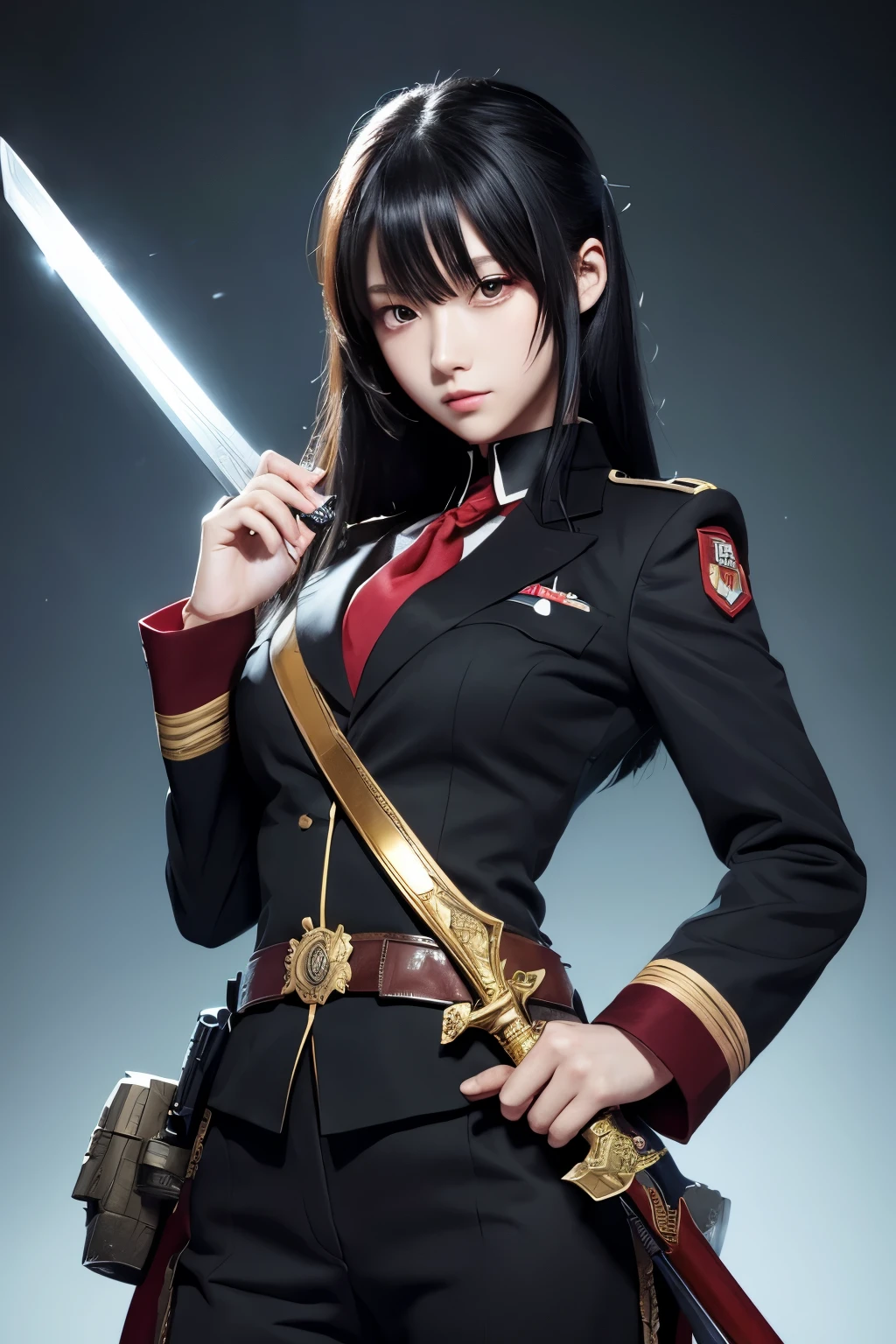 masterpiece, Top quality anime illustrations, Very detailed, One Girl, Military uniforms are coming,Red eyes,Black Hair,He has a gun,Holding a sword,