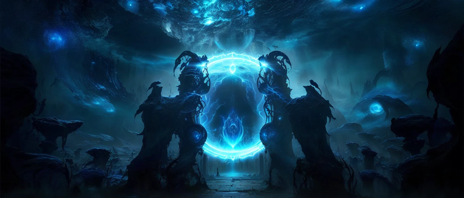 there are many people standing in a dark room with a blue light, spirits coming out of portal, portal to the ethereal realm, symmetrical epic fantasy art, magic portal in the sky, gateway to another universe, vortex portal banish the elders, magic portal to another world, magical glowing time portal, magical portal gateway, portal into anotheer dimension