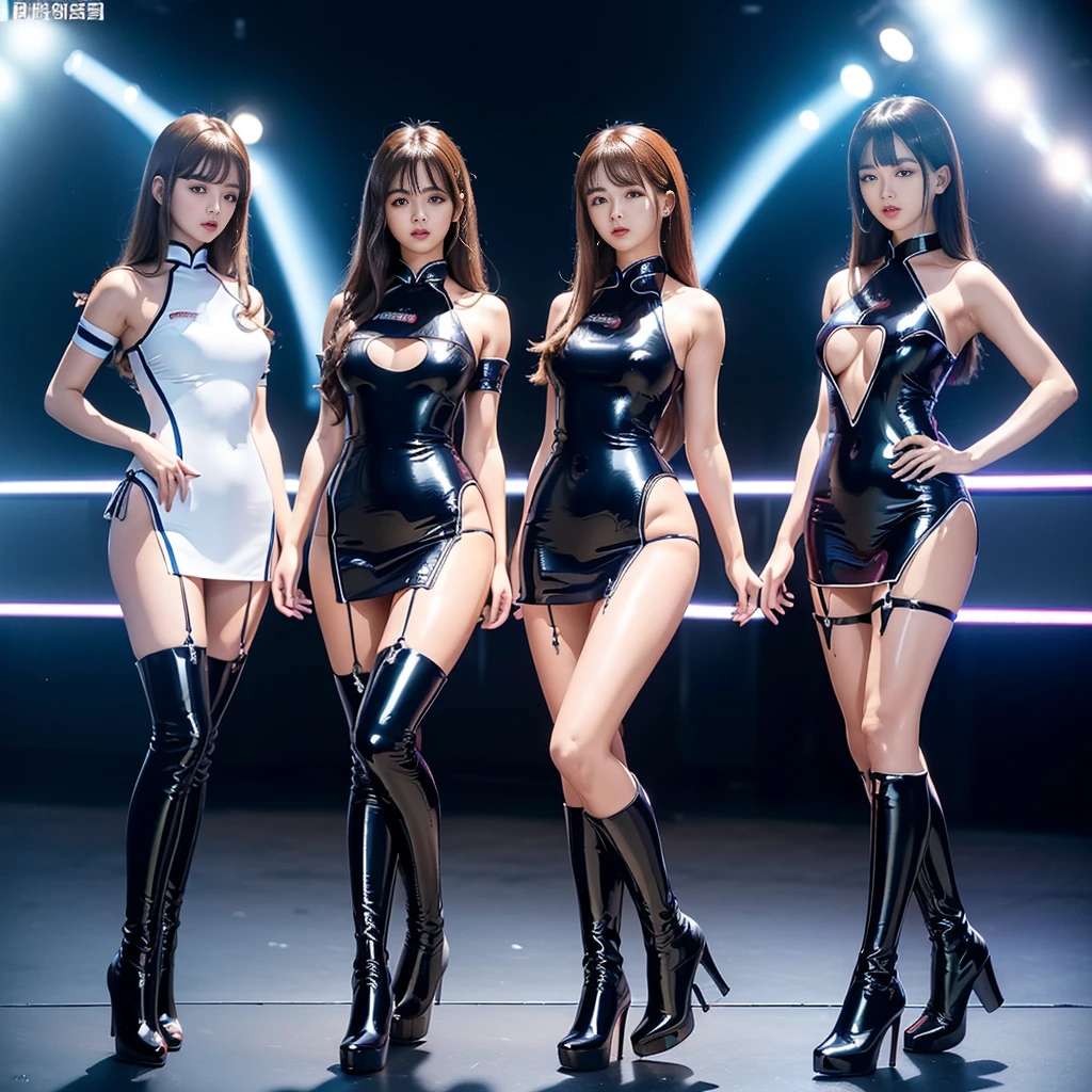 ((Four Chinese idols standing in a row)) Mature Woman Brown hair with bangs Wavy Hair Big eyes ((Bright red plump lips)) ((Beautifully lit night stage)) ((Racing model costume-style bodycon dress with sponsor logo made of super shiny silver and blue enamel material)) ((Ultra-glossy patent leather knee-high boots)) masterpiece 8K Drawn from above Beautiful armpits
