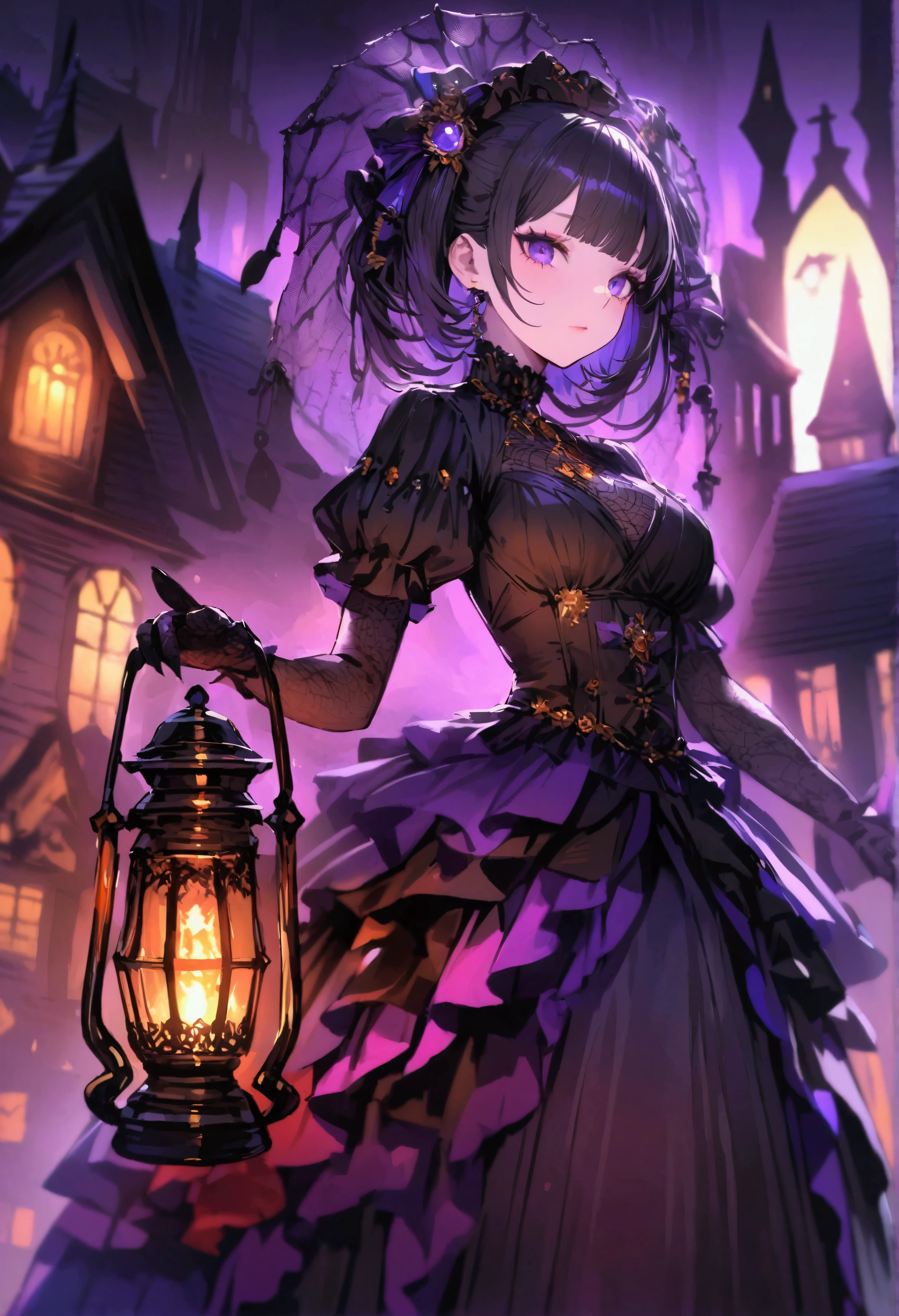 (high resolution),(Extremely detailed),[rich and colorful],(Depth of Field),(Perfect face),Detailed clothing,Dark haunted house,cobweb，girl