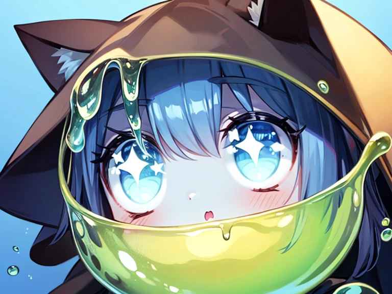 Blue Hair,Blue Skin,Black Cape,Cat ear,Liquid on the character,Slime,Anime Face
