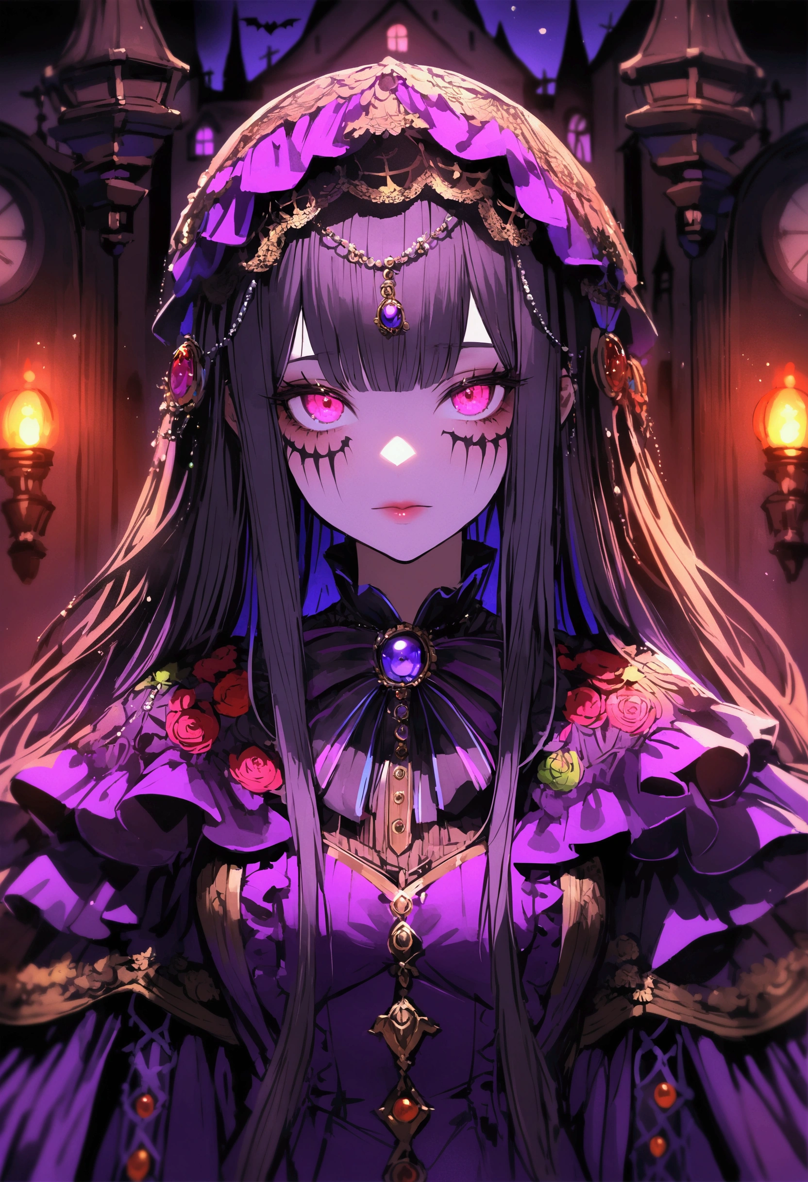 (high resolution),(Extremely detailed),[rich and colorful],(Depth of Field),(Perfect face),Detailed clothing,Dark haunted house,cobweb，girl
