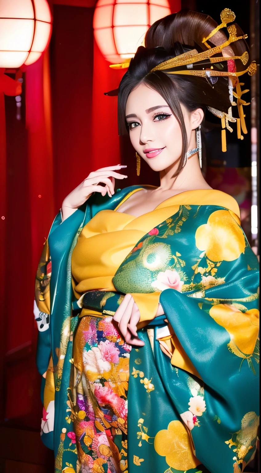 ((masterpiece(:1.4)，Highest quality，Ultra-high resolution，Highest quality，8k，Extremely detailed，In detail))。night，Fireworks display，Japanese，A beautiful woman，Big Breasts，Flashy gal makeup，Oiran，Uchikake，satin，Festive attire，Hair tying，hairpin，hair ornaments，geta，Oiran道中，Gorgeous and luxurious，(Fireworks displayのnightに河川敷で花火を背景にしたスナップ写真)，Emphasize the chest，Show your shoulderove the dress up to the shoulders，