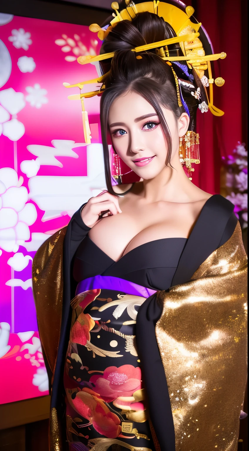 ((masterpiece(:1.4)，Highest quality，Ultra-high resolution，Highest quality，8k，Extremely detailed，In detail))。night，Fireworks display，Japanese，A beautiful woman，Big Breasts，Flashy gal makeup，Oiran，Uchikake，satin，Festive attire，Hair tying，hairpin，hair ornaments，geta，Oiran道中，Gorgeous and luxurious，(Fireworks displayのnightに河川敷で花火を背景にしたスナップ写真)，Emphasize the chest，Show your shoulderove the dress up to the shoulders，