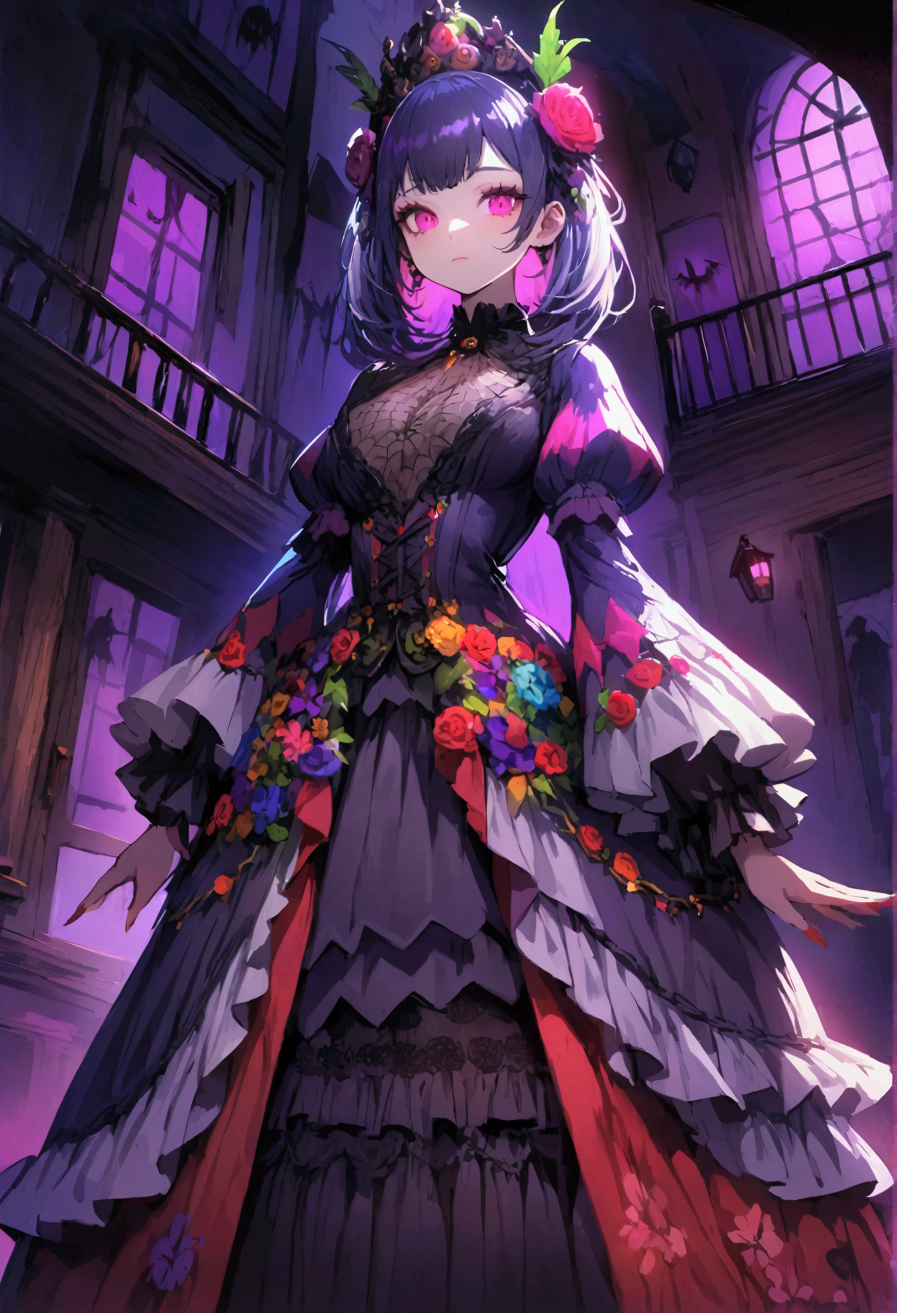 (high resolution),(Extremely detailed),[rich and colorful],(Depth of Field),(Perfect face),Detailed clothing,Dark haunted house,cobweb，girl