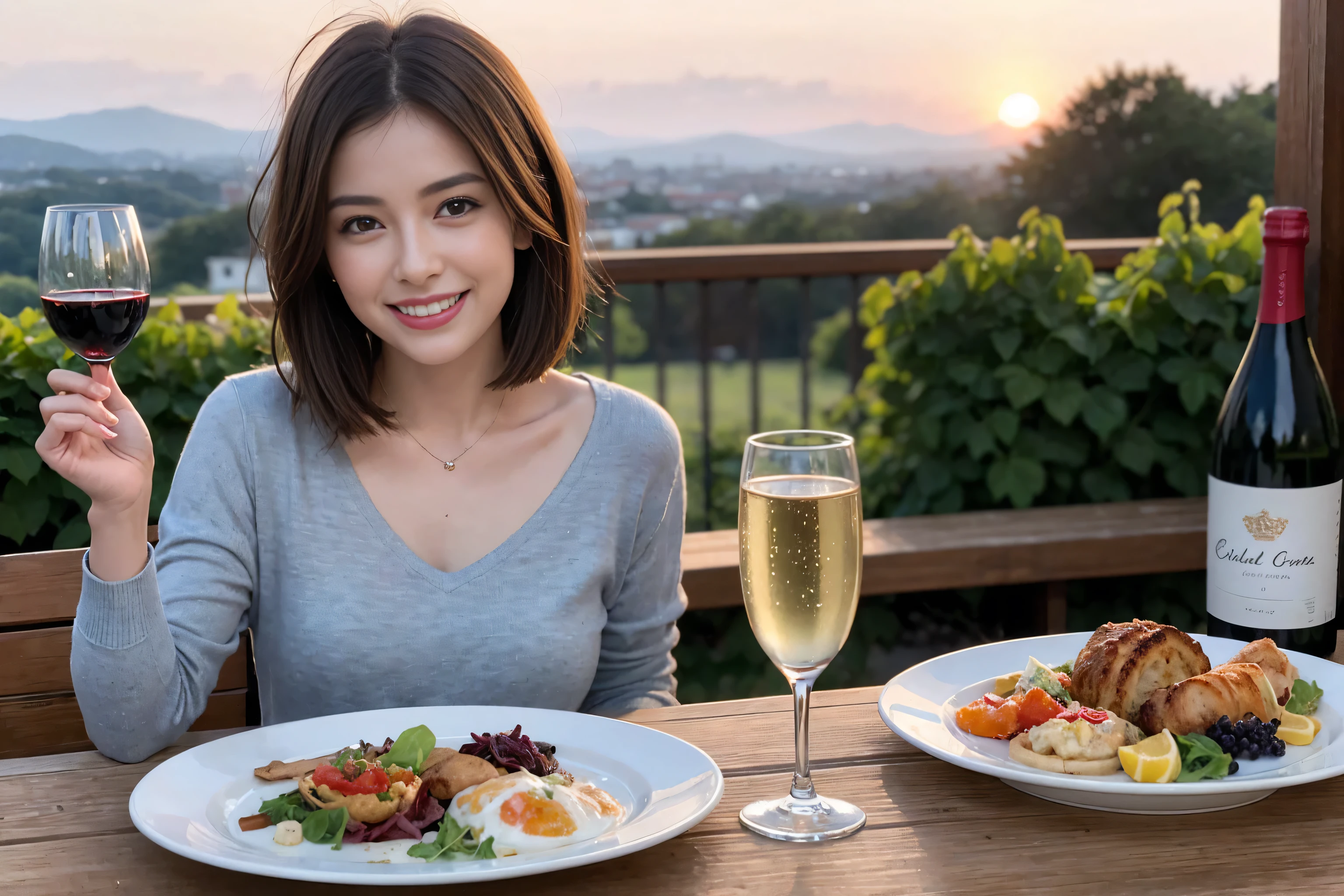 (Realistic:1.1),(masterpiece,Highest quality),8k,(49 years old), 50 years old, slimカップル、Tight waist,Upper Body,full-course dinner、wine 、Amazing view of the sunset sky and clouds、Perfect Anatomy, Brown Hair, short hair,Random Hairstyles,((Highly detailed face and eyes:1.2)),Perfect golden ratio face,Long sleeve shirt、dress,(smile:1.2)、Shortcuts、cute、(Realistic, Intricate details:1.2), A bright smile、short hair,Bright Face、赤wine 、Appetizers、Italian food、wine bottle、Champagne、スパークリングwine、(slimな顔), (The body is slim), (Brown Hair), (Shortcuts), Upper Body, 白wine, slim, wineグラス,