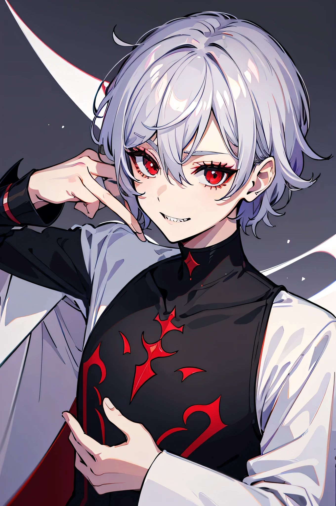 Perfect description、4K、8K quality、Highest quality、smile、Silver Hair、Red Eyes、Dark circles under the eyes、Black turtleneck、male性:1.3、Sharp teeth:1.2、Vampire、male:1.2、solo、Fuzzy hair、Very short nape、Short Hair:1.2、Handsome:1.2、stylish、Cool costumes like royalty、pose、