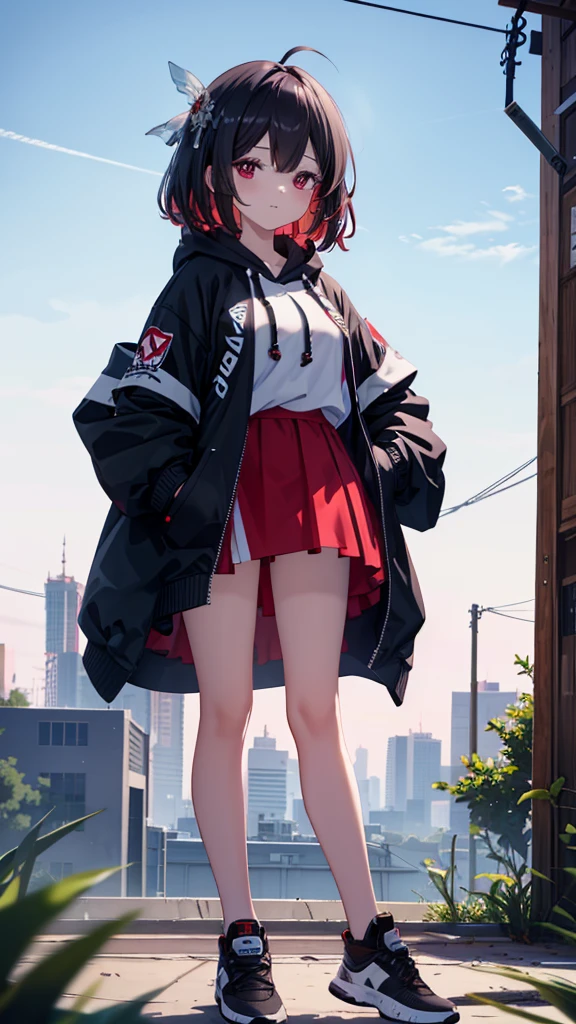 girl,Clarity,high-definition,High Detail,Rich in details,transparent,纹理Clarity,beauty,grace,nature,Red eyes,long hair,Hoodie,sports shoes,