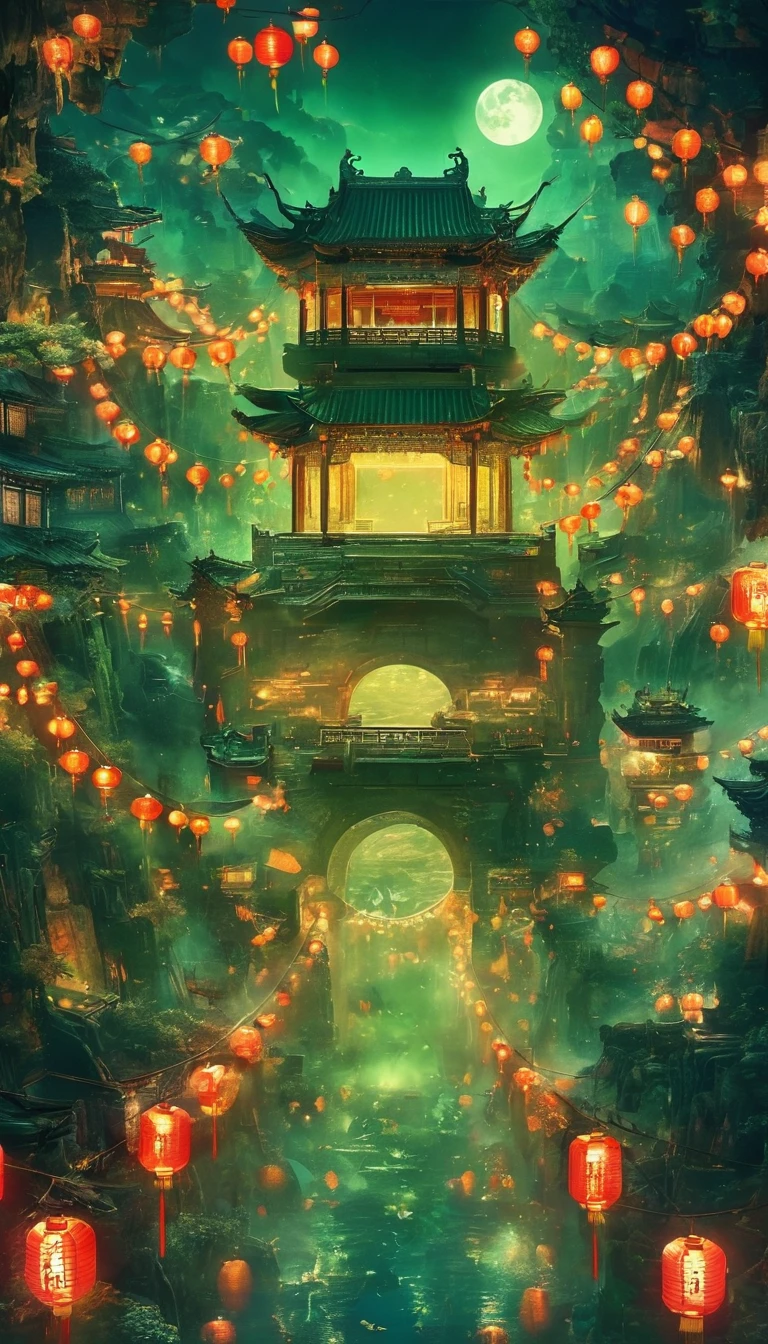 Unforgettable Chinese Ghost Stories, Weird Chinese architecture, Qixi Festival, Green Ghost Soup, Munpo Bridge, Noodle Soup, Escort Ghost, Chain, Dark gloomy lights, Movie, fear, atmosphere, Surrealism, mystery, detailed