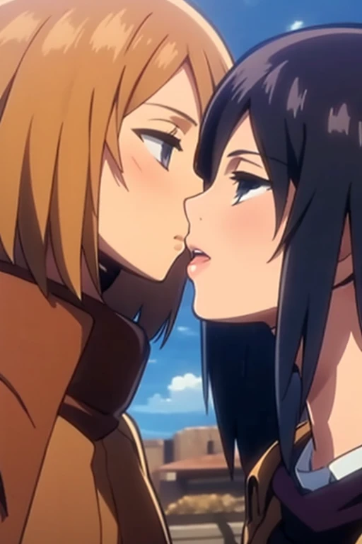 two lesbians share a kiss, tits
