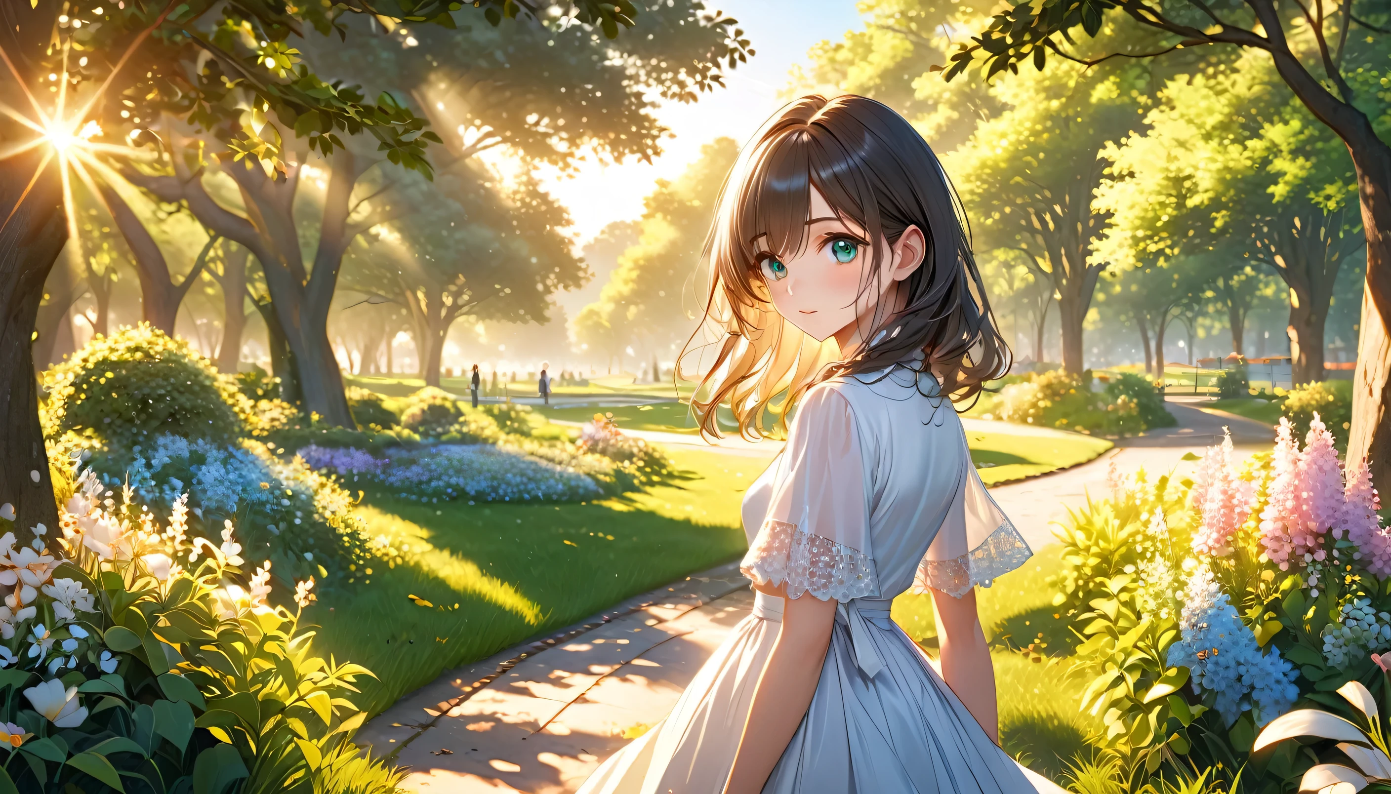 beautiful detailed anime girl, 1girl, walking in a park, serene peaceful park scene, lush green foliage, detailed flowers, sunlight filtering through trees, warm golden hour lighting, vivid colors, (best quality,4k,8k,highres,masterpiece:1.2),ultra-detailed,(realistic,photorealistic,photo-realistic:1.37),detailed facial features, beautiful eyes, elegant pose, pastoral landscape, intricate details,very long shot