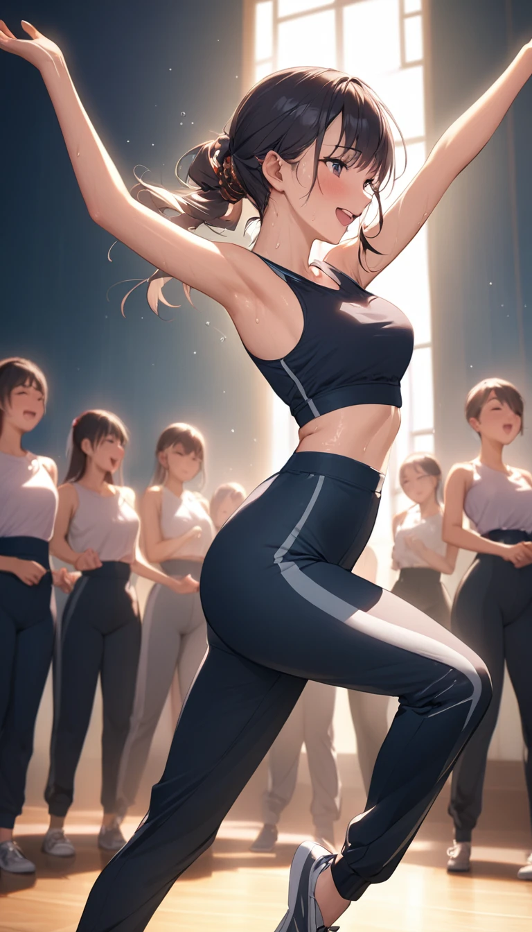One beautiful woman、cropped sleeveless、High waist sweat pants、Uplifting、dance