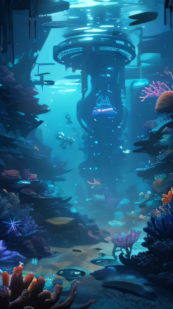 Underwater sci fi city, corals, dark, neon lights