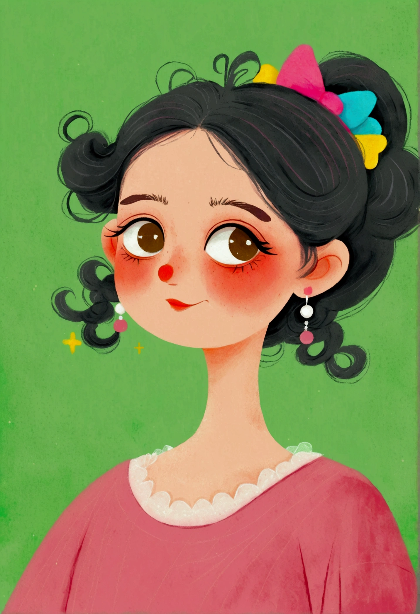 A cartoon,The woman in the painting has green hair and a pink shirt, Digital drawing, No gradient, Beauvot Art Style, The art of math hi, cute cartoon, #The greatest number in history, # The greatest number in history, Digital illustration style, The art of math!!, My character portrait, 2D Illustration
