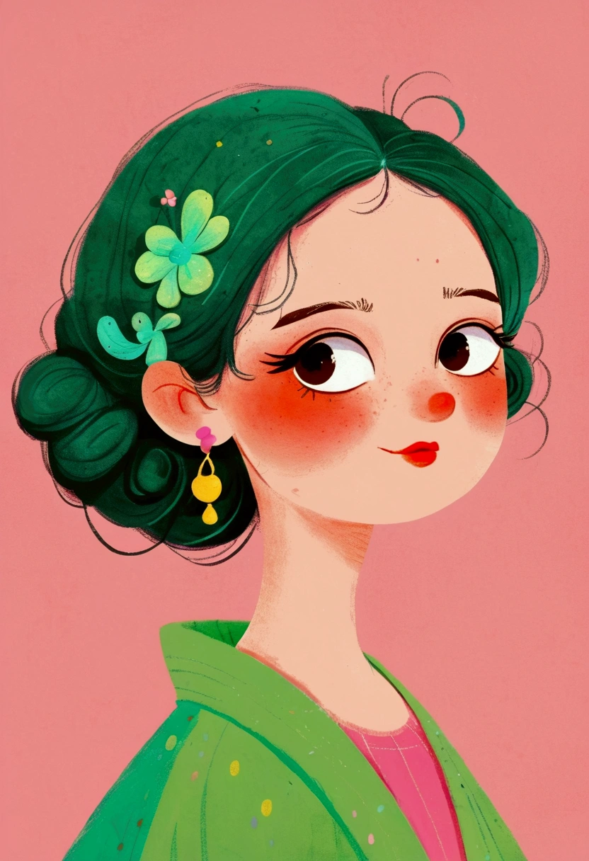 A cartoon，The woman in the painting has green hair and a pink shirt, Digital painting inspired by Pia Fries, tumblr, The art of math, Digital drawing, No gradient, Beauvot Art Style, The art of math hi, #The greatest number in history, cute cartoon, # The greatest number in history, Digital illustration style