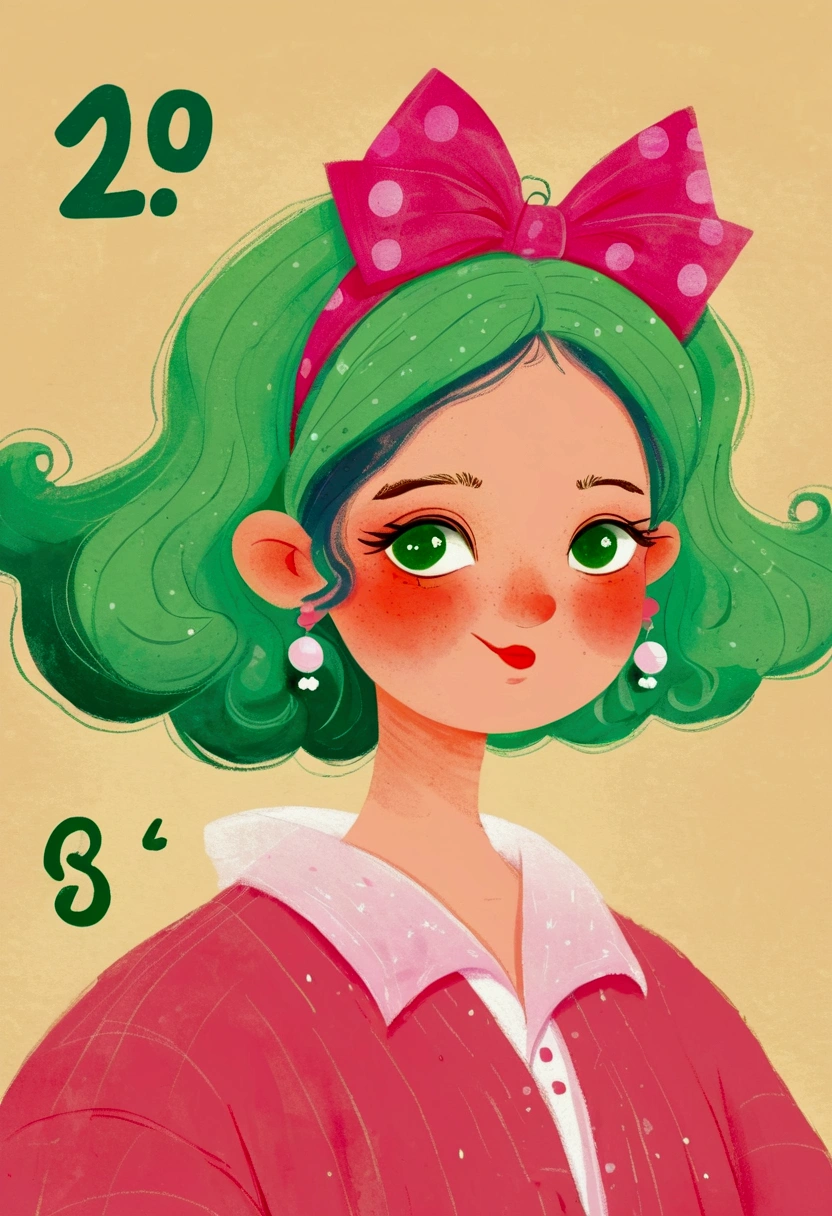 A cartoon，The woman in the painting has green hair and a pink shirt, Digital drawing, No gradient, Beauvot Art Style, The art of math hi, cute cartoon, #The greatest number in history, # The greatest number in history, Digital illustration style, The art of math!!, My character portrait, 2D Illustration