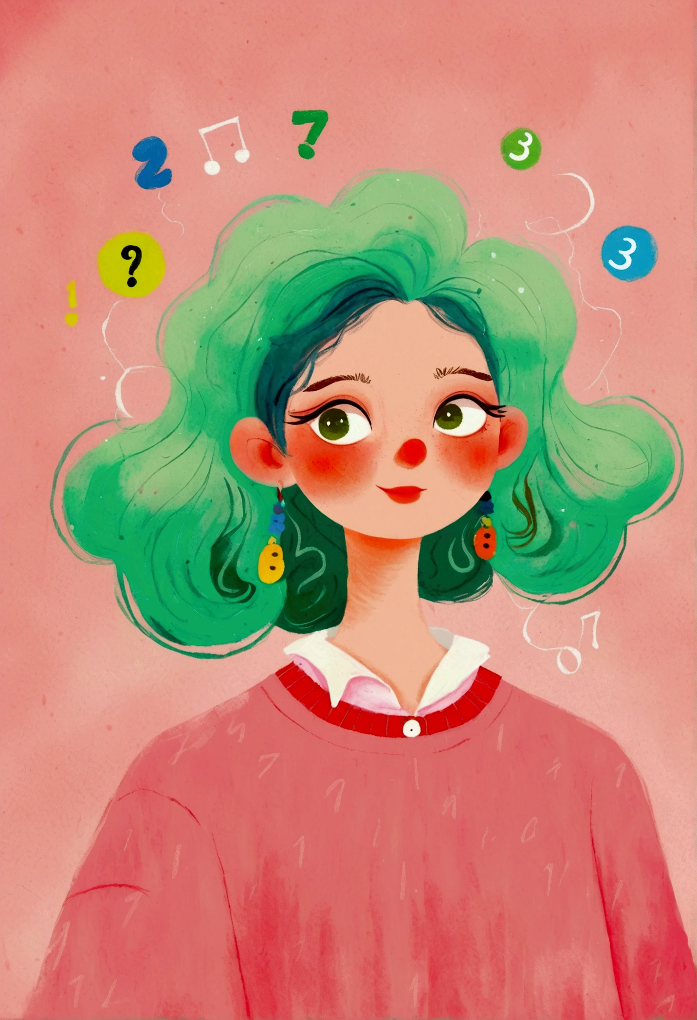 A cartoon,The woman in the painting has green hair and a pink shirt, Digital painting inspired by Pia Fries, tumblr, The art of math, Digital drawing, No gradient, Beauvot Art Style, The art of math hi, #The greatest number in history, cute cartoon, # The greatest number in history, Digital illustration style
